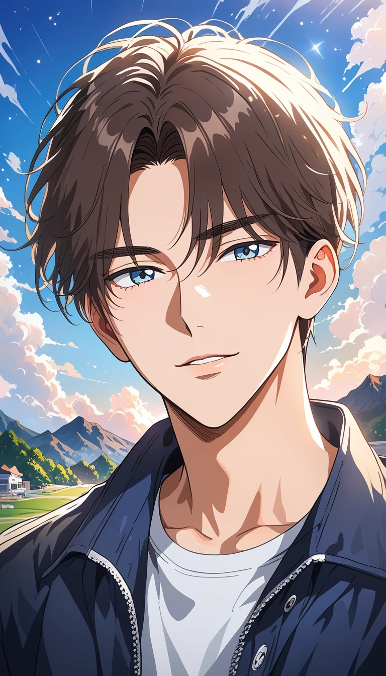 Blue haired anime man standing in starlit mountains