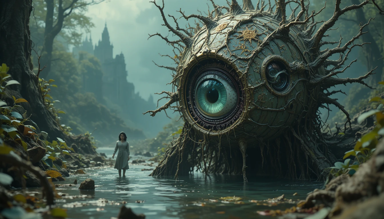 Surreal comic horror scene with playful swamp tension