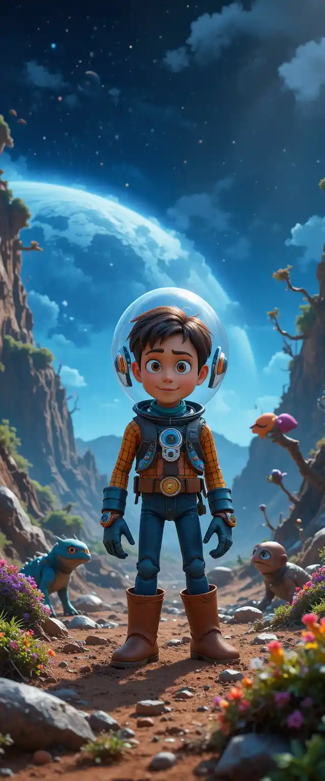 Young boy exploring a wild alien planet with robot