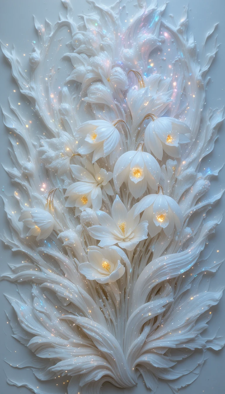 Neon lit lilies of the valley in glowing white relief
