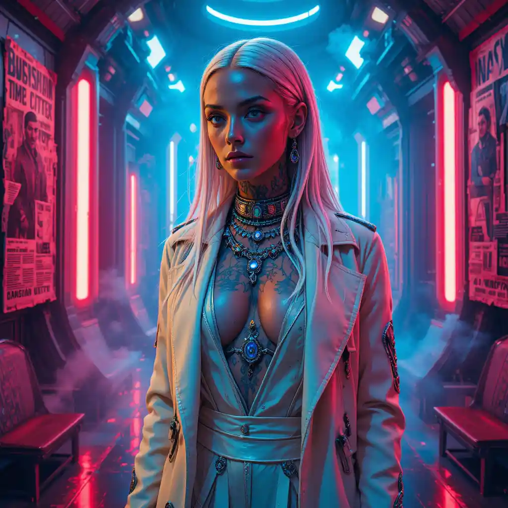 Galactic rebel woman in cobalt and crimson senate studio