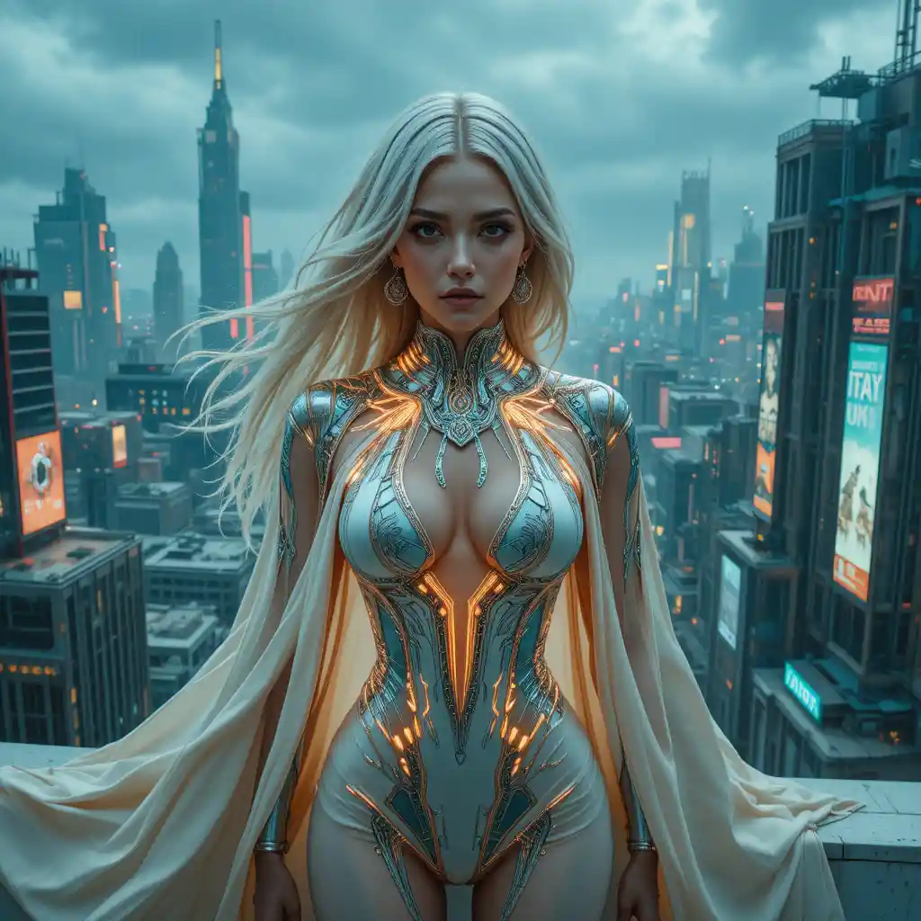 Femme fatale portrait above a futuristic ruined megacity