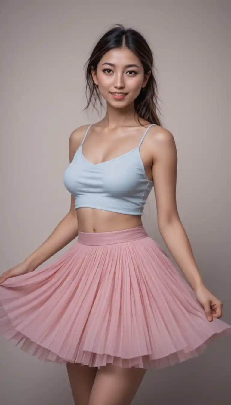 Young woman spinning with a lifted pleated skirt