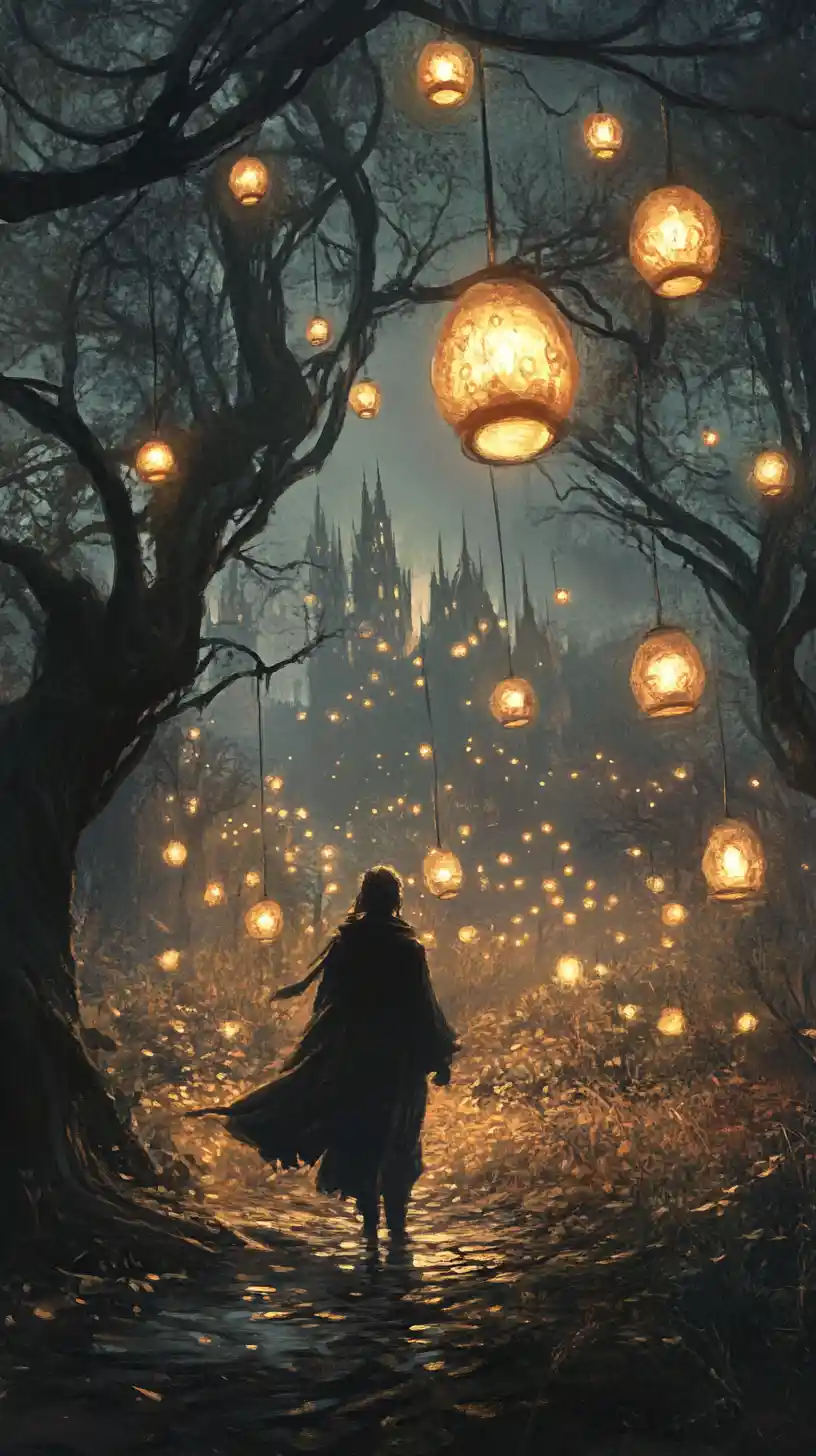 Elongated guide with glowing lantern spirits in dark meadow