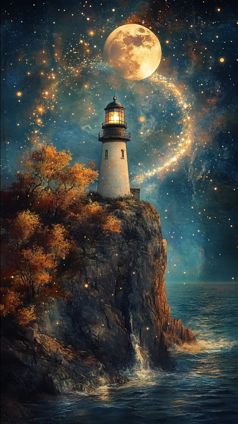 Crescent Moon Cradling A Lighthouse Above A Starry Sea