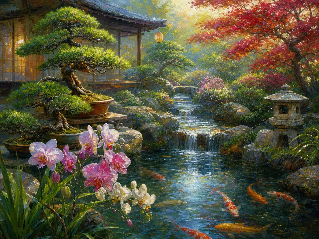 Tranquil Japanese garden with bonsai orchids and koi pond