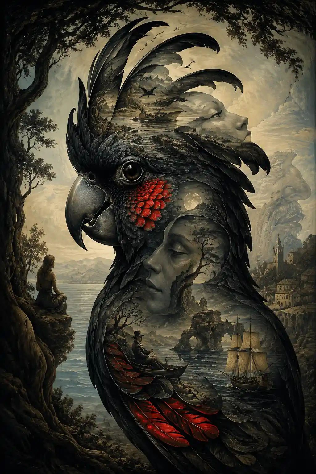 Surreal black cockatoo illusion with vivid red cheek feathers