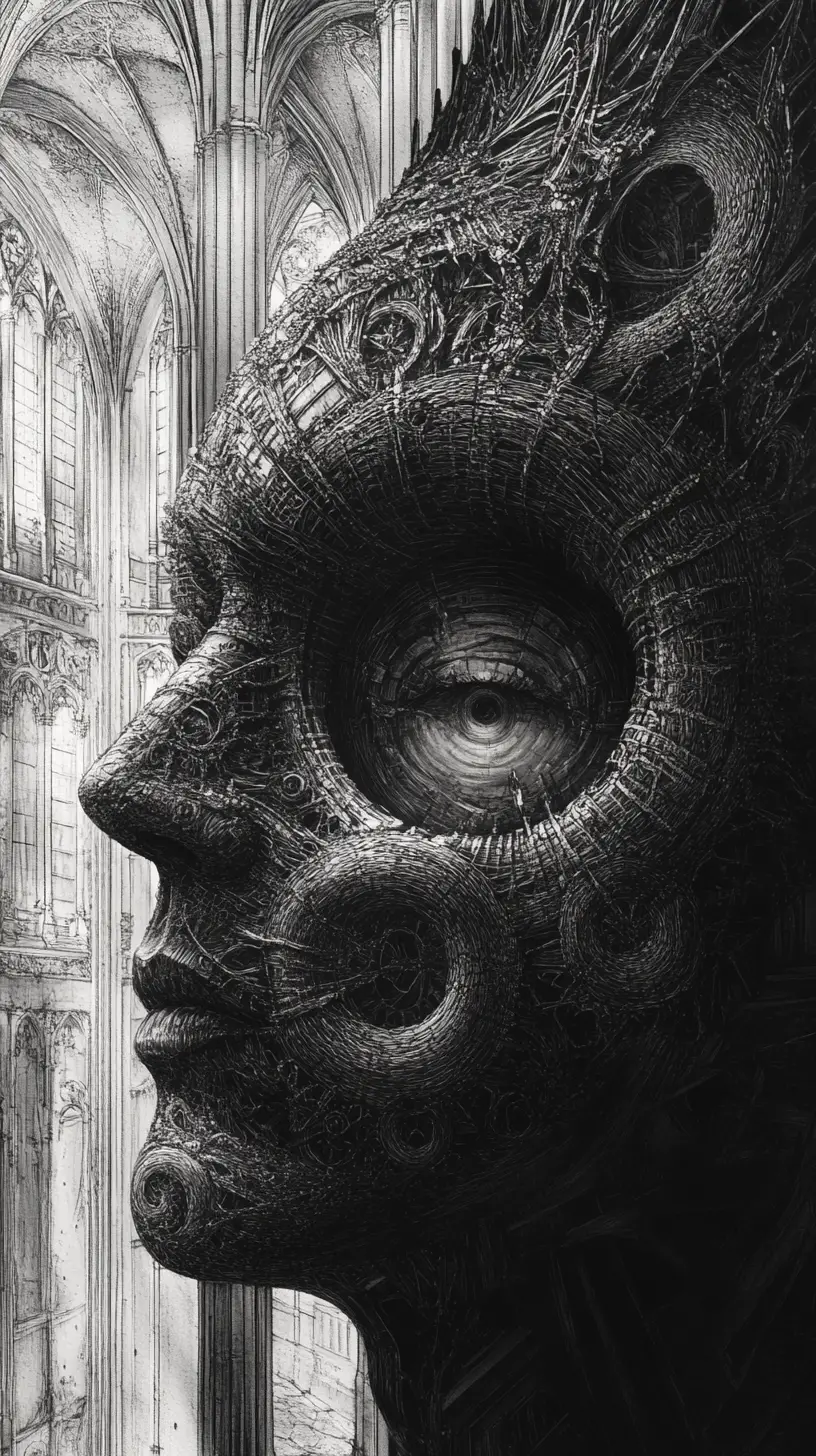 Human face opening into gothic cathedral interior with beast