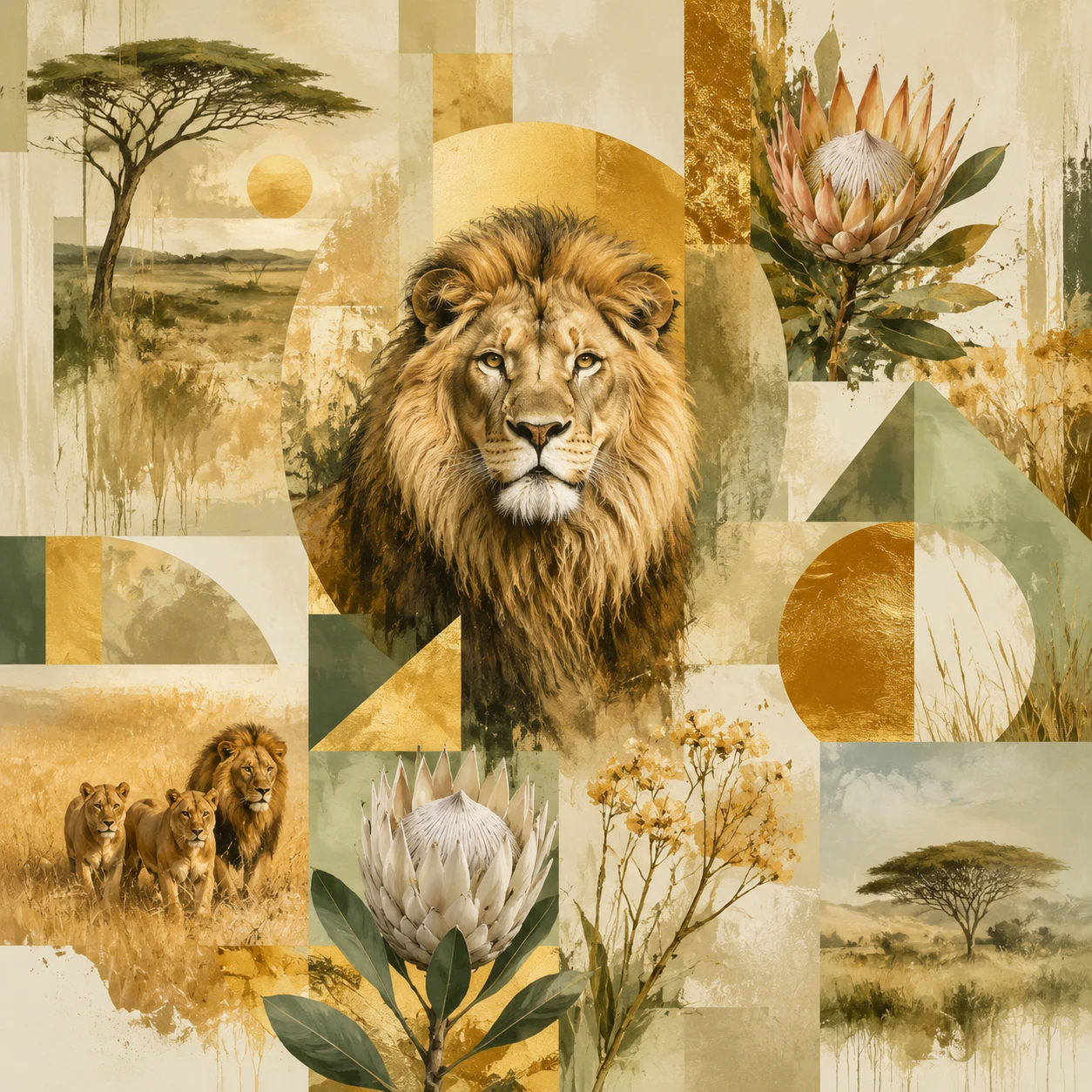 Lion mood board with African savanna and floral elements
