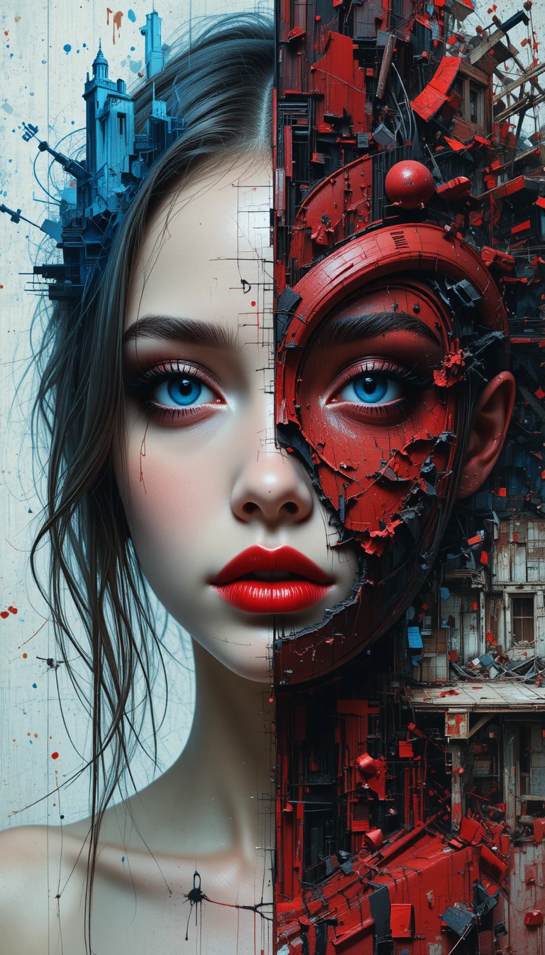 Girl portrait split between blue city and red heart chaos