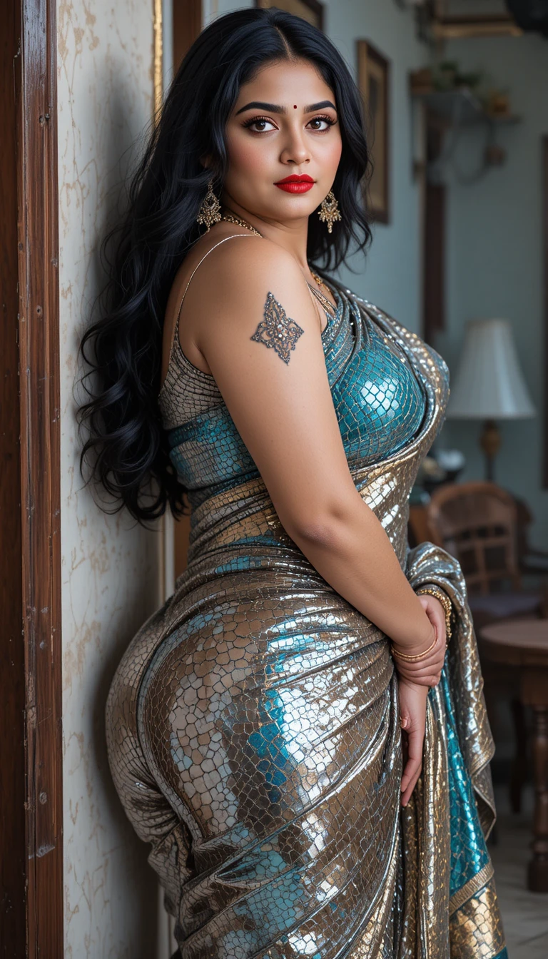 Donna tamil in sari lucido piegata in una posa a figura intera