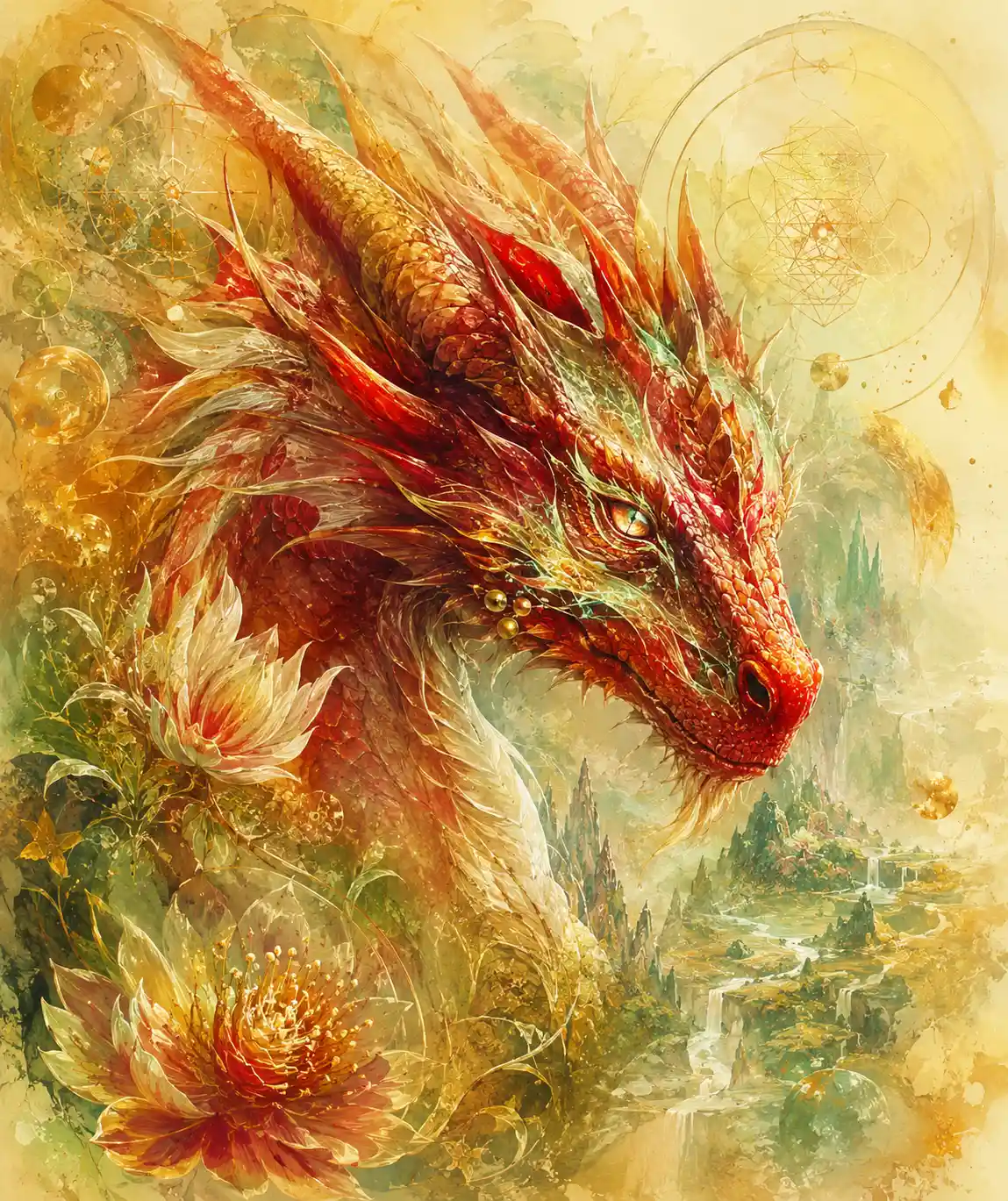 Red dragon face mood board with glowing fantasy accents