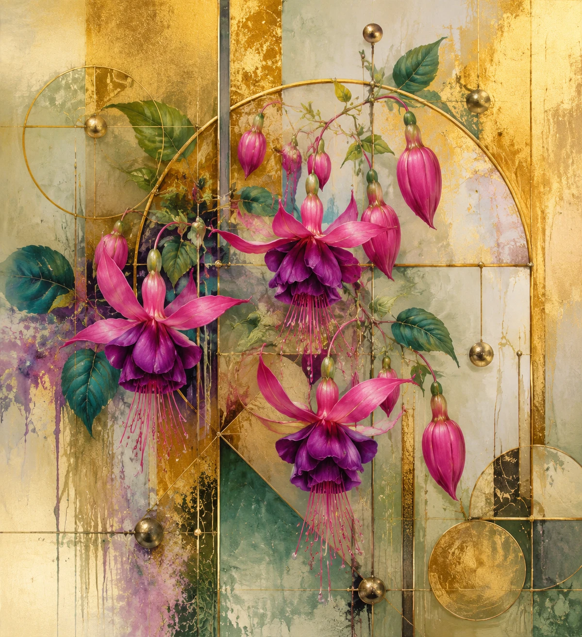Fine art painting of fuchsia flowers with metallic forms