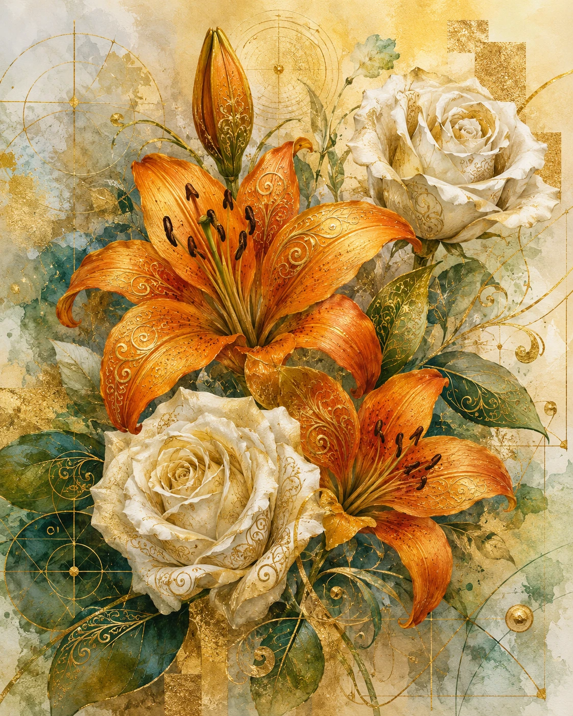Orange lilies and white roses in ornate fine art painting