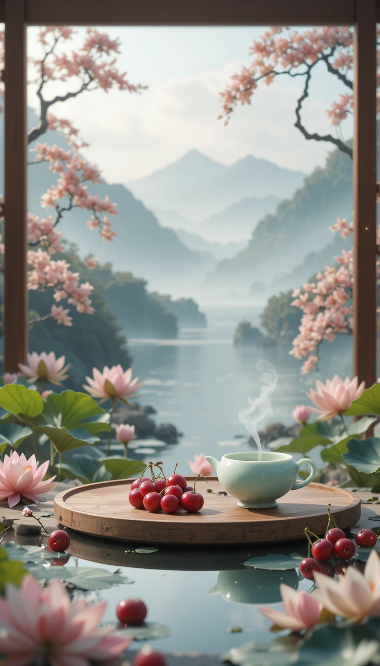 Peaceful lotus pond with jade teapot on wooden table