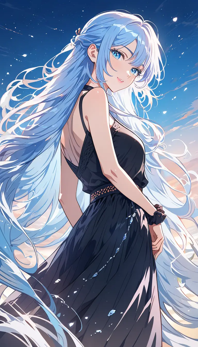 Elegant anime woman with long gradient hair by the water