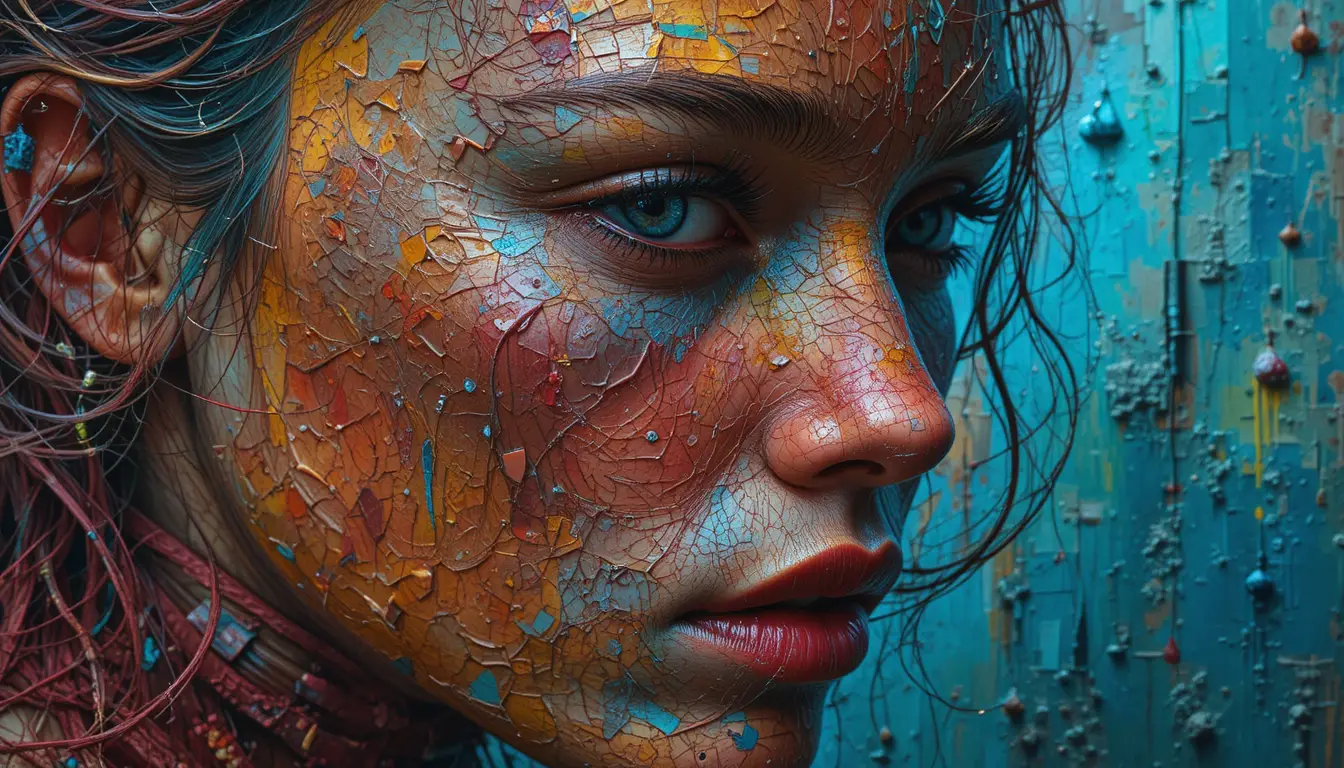 Vibrant mixed media close up portrait with rich texture