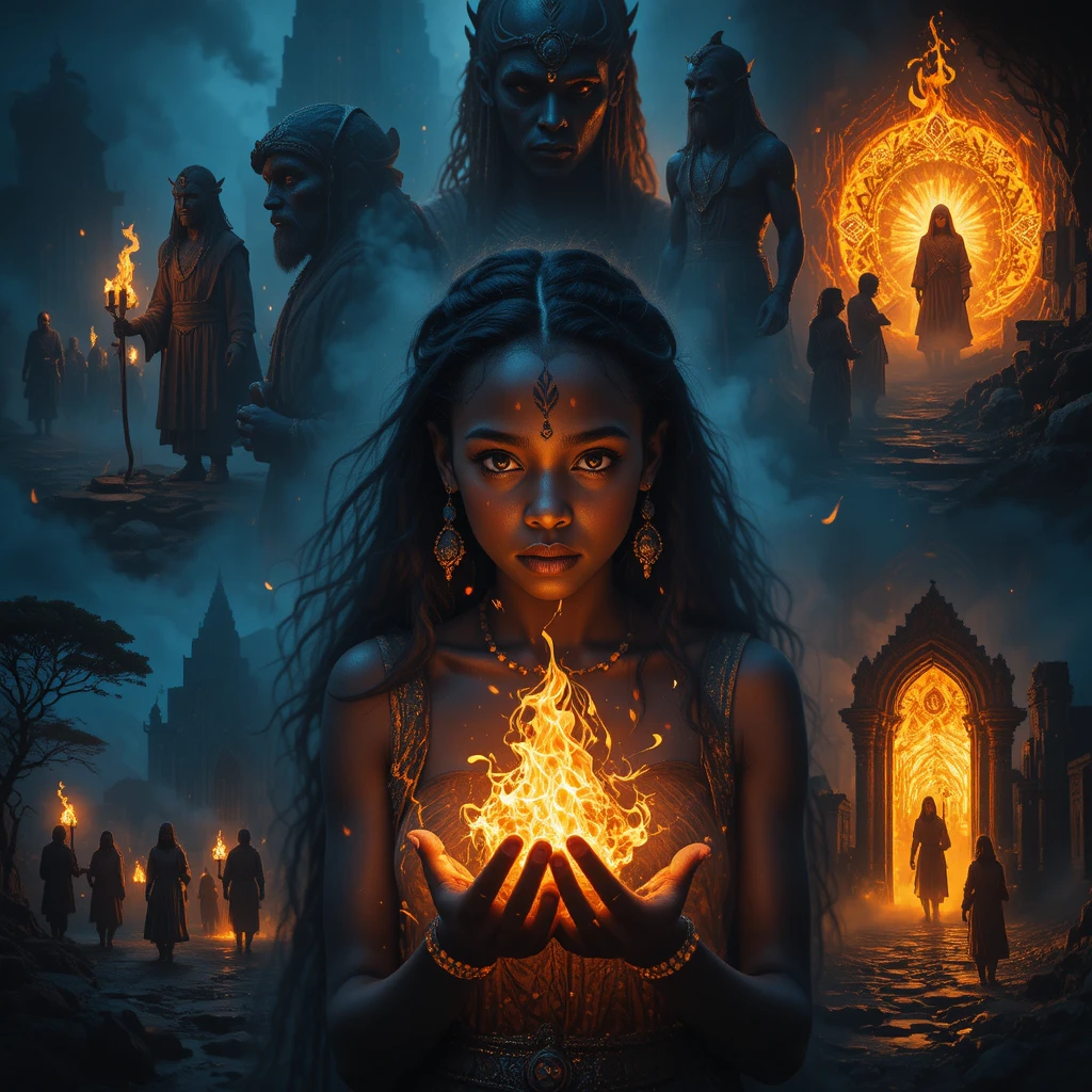 Young African girl holding mystical fire in darkness