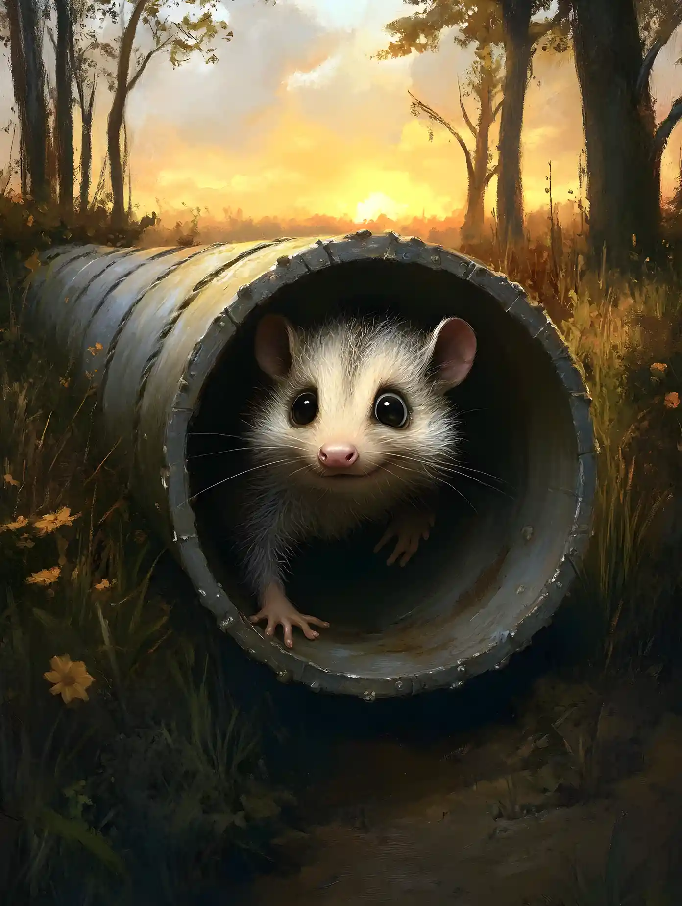 Cute cartoon opossum peeking through a long tube at sunrise