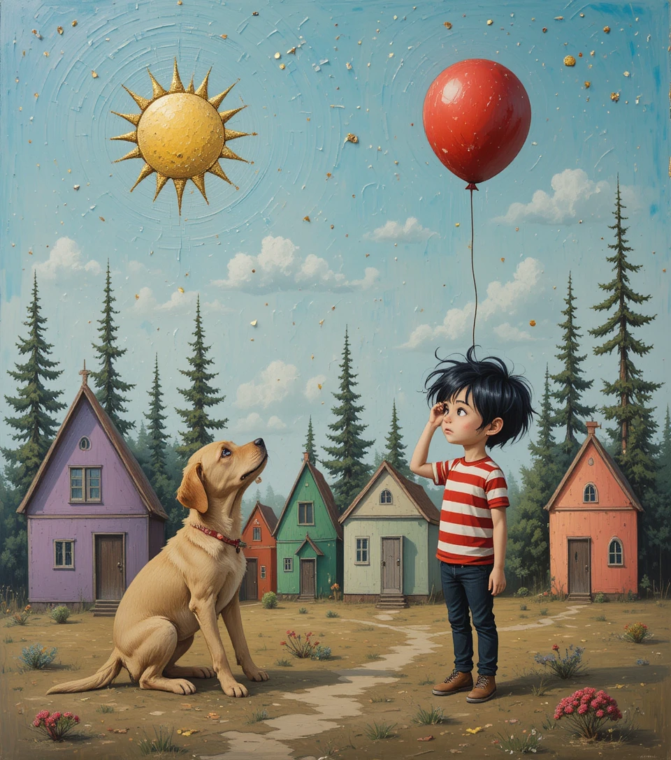 Whimsical boy and puppy watching a red balloon float
