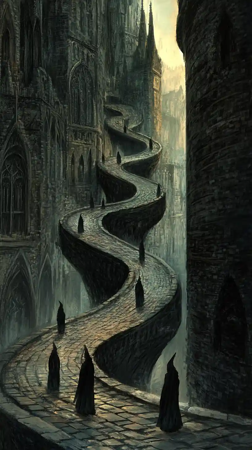 Sentiero di Ciottoli a Spirale tra Architetture Gotiche Contorte