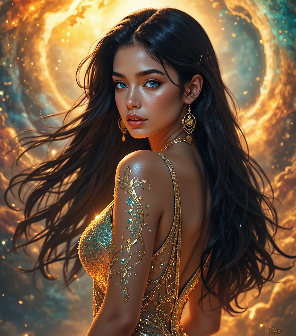 Anime queen portrait with cosmic nebula background