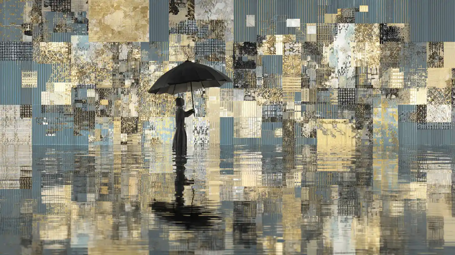 Patchwork umbrella dissolving into digital glitch fragments