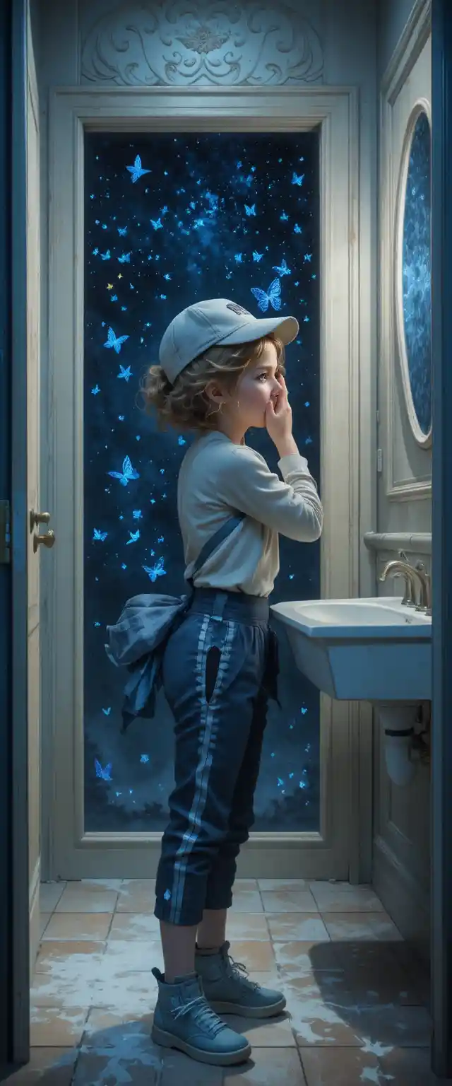 Young child before a magical door to the stars