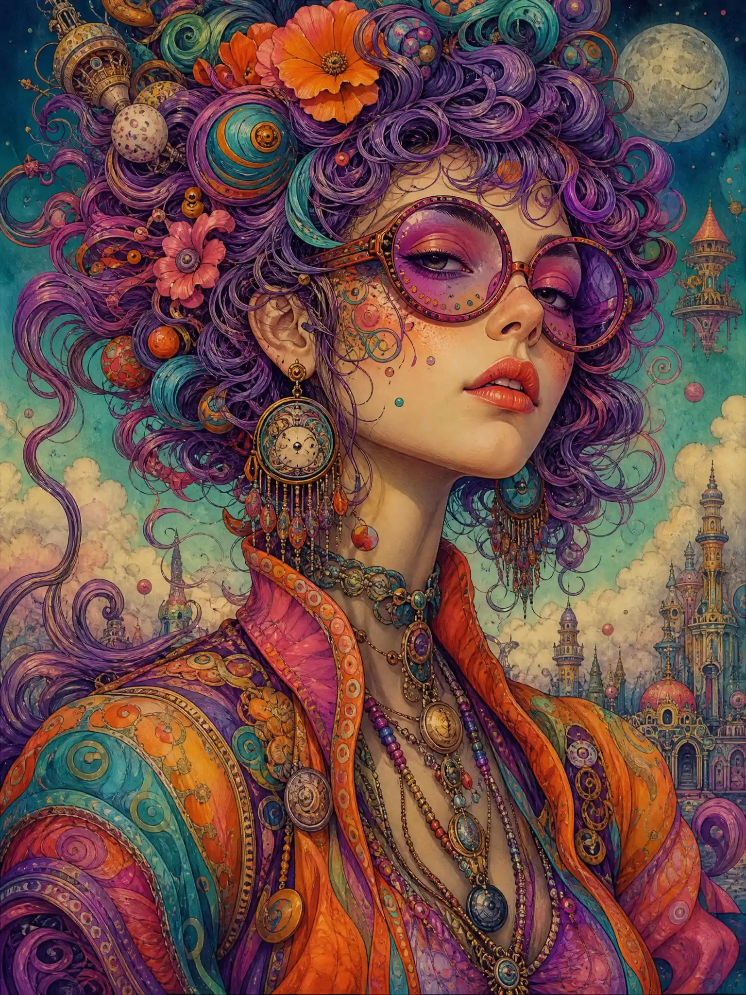 Whimsical woman in vibrant psychedelic fantasy illustration