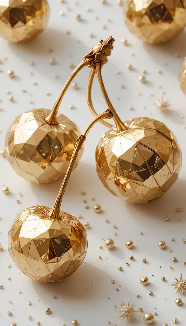 Polygonal cherries with golden mirror and crystal sparkles
