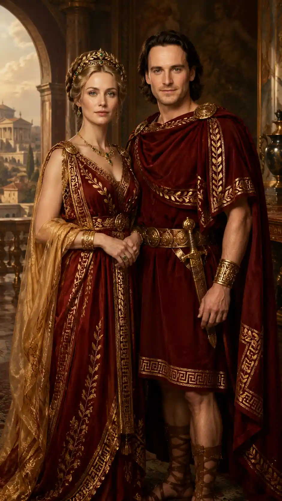 Royal couple on a terrace before an ancient Roman palace