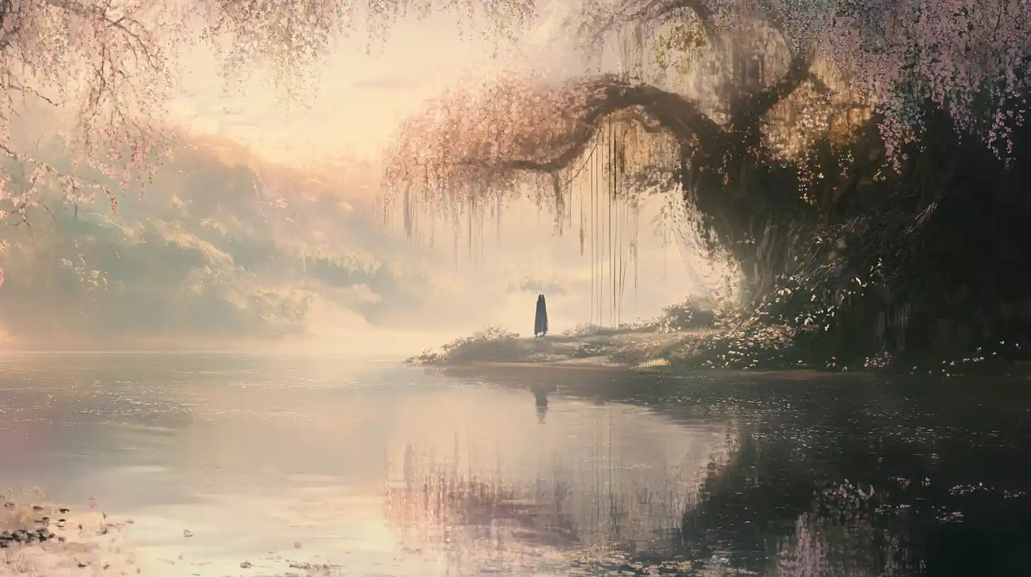 Figura contemplativa sotto baldacchino fluttuante surreale sopra il lago