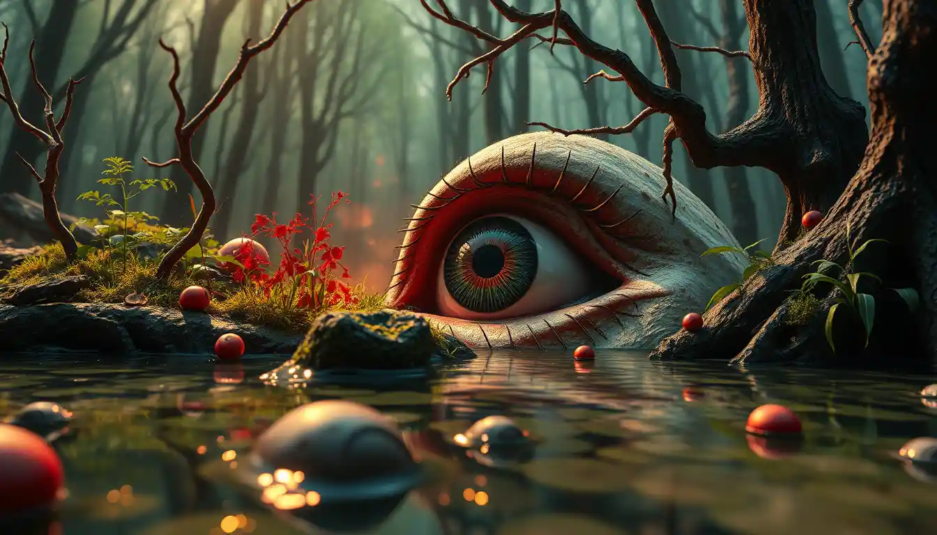 Surreal monster lurking with eerie laughter in a swamp