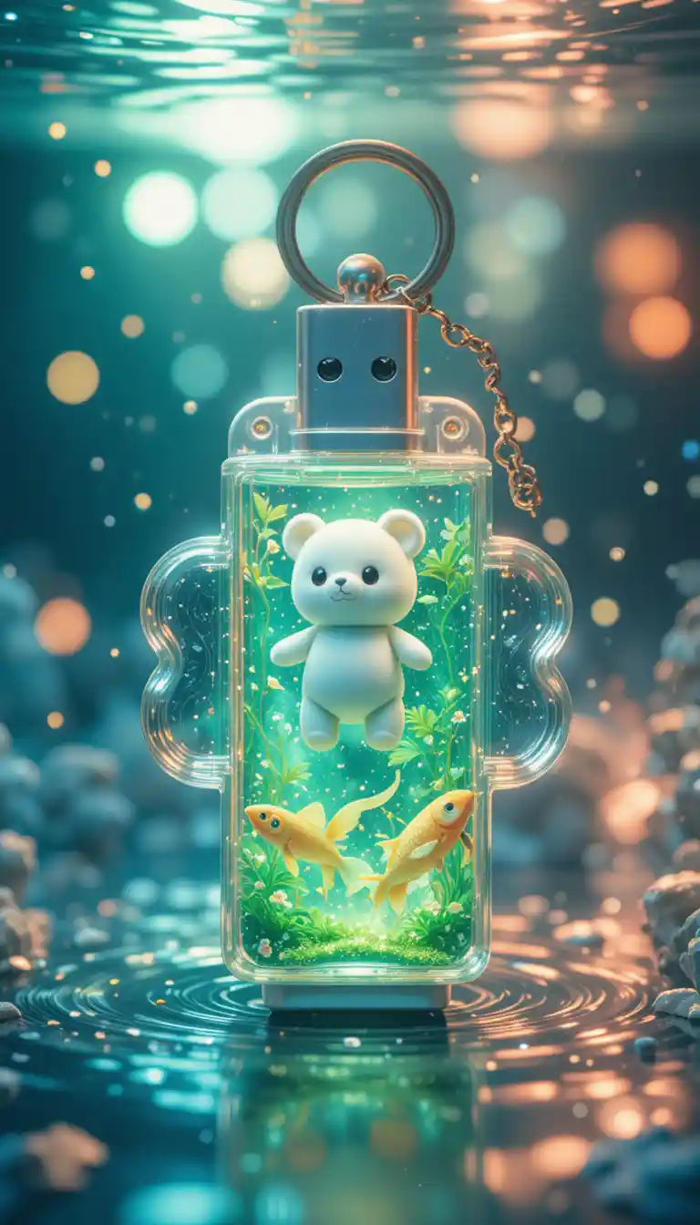 Transparent usb drive floating on water with fish inside
