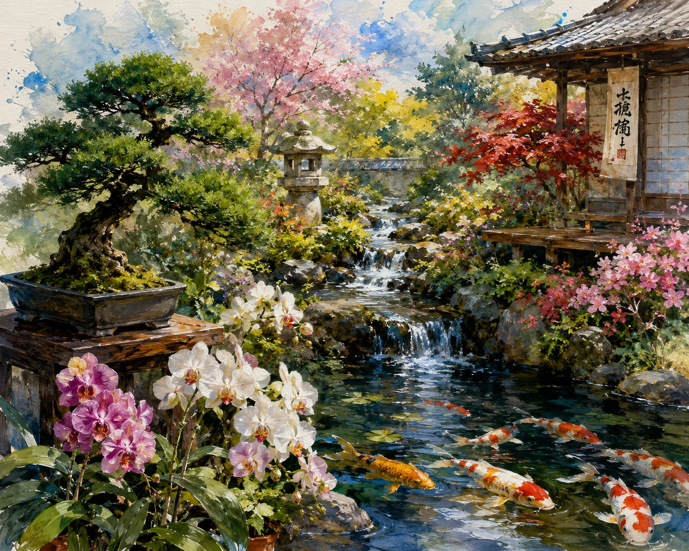 Serene Japanese Garden With Bonsai Orchids And Koi Pond