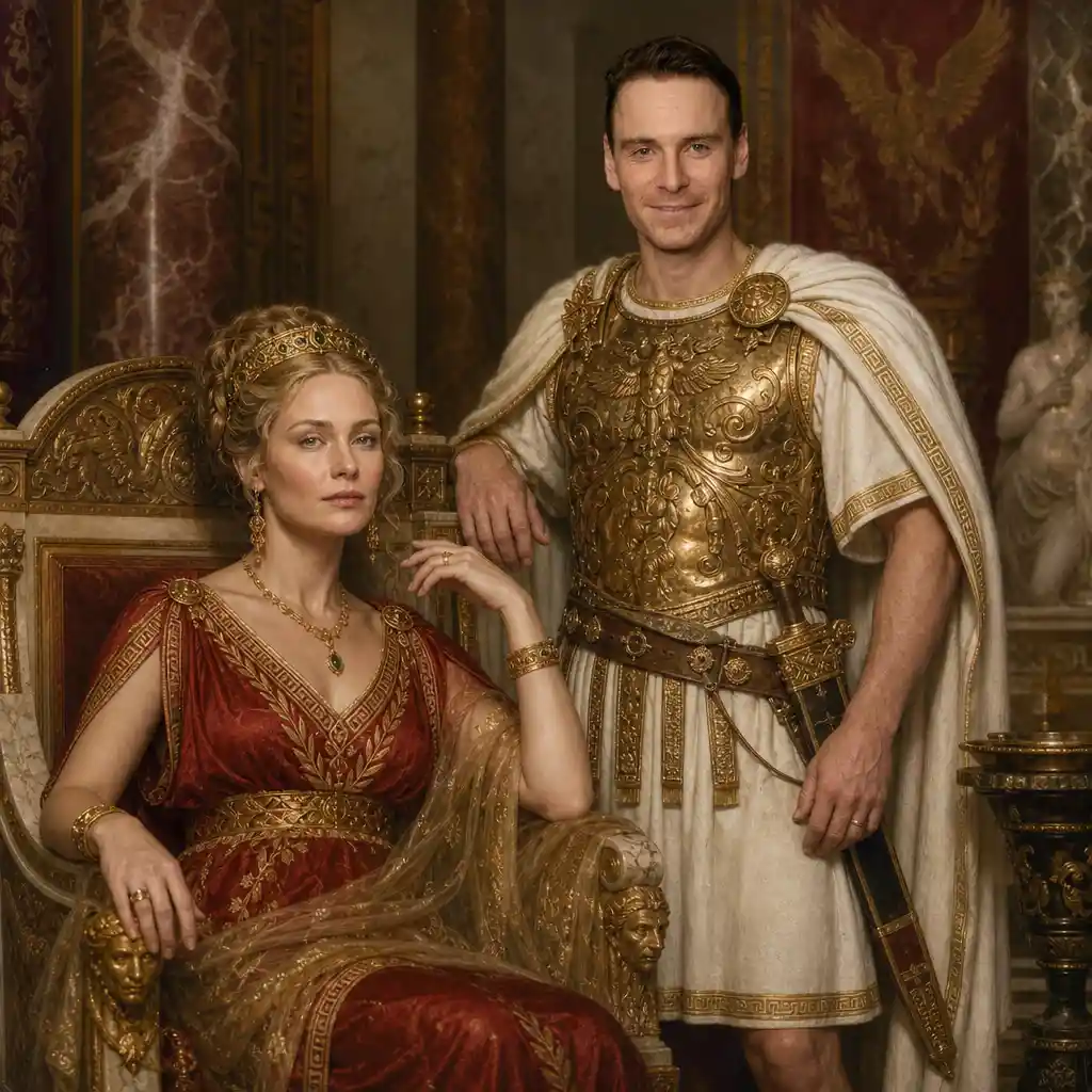 Retrato al óleo de pareja real en antiguo palacio romano