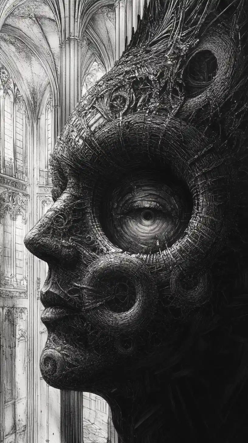 Human face opening into gothic cathedral interior with beast
