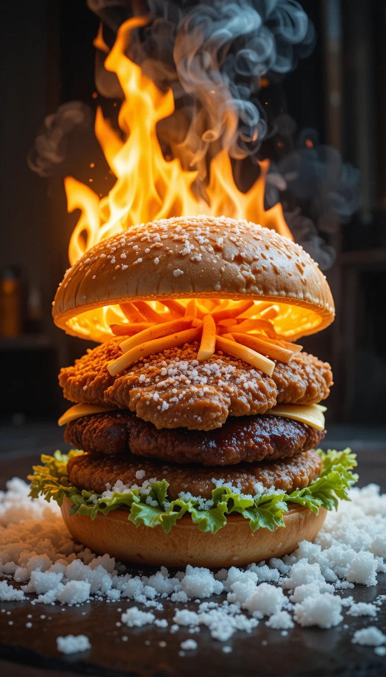 Surreal flaming hamburger revealing frozen fries inside