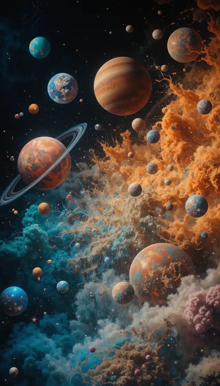 Surreal parade of planets against a dark cosmic background
