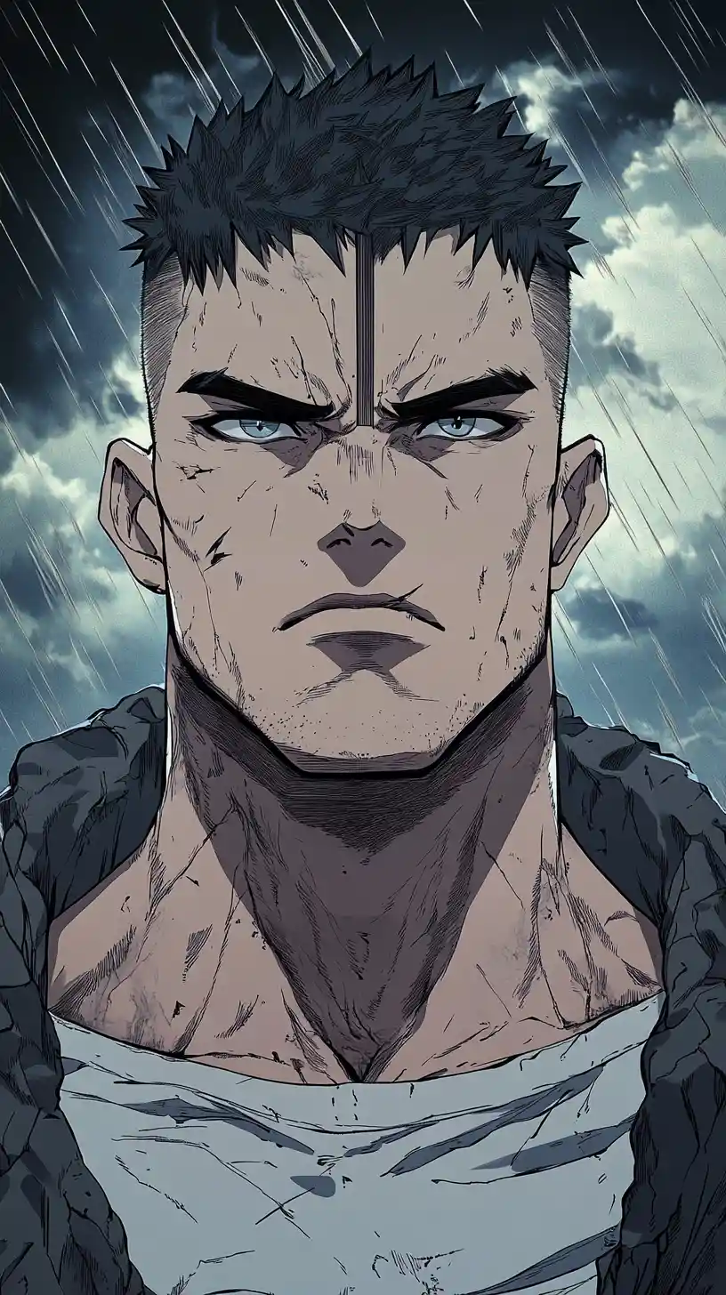 Tall muscular man in stormy comic style street scene