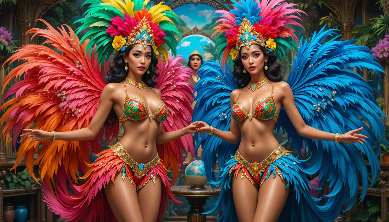 Two carnival dancers in colorful feathered Brazilian costumes