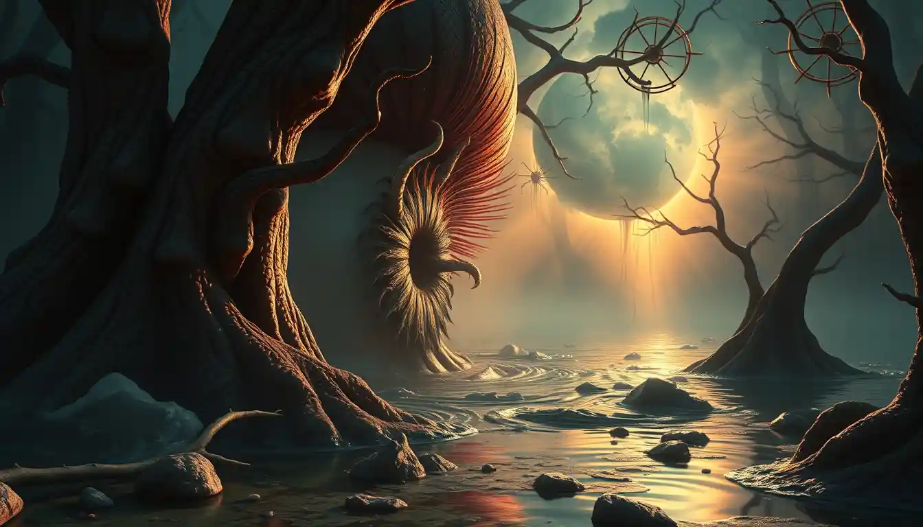 Surrealer Monster in verspielter Pop‑Surrealismus‑Sumpfszene