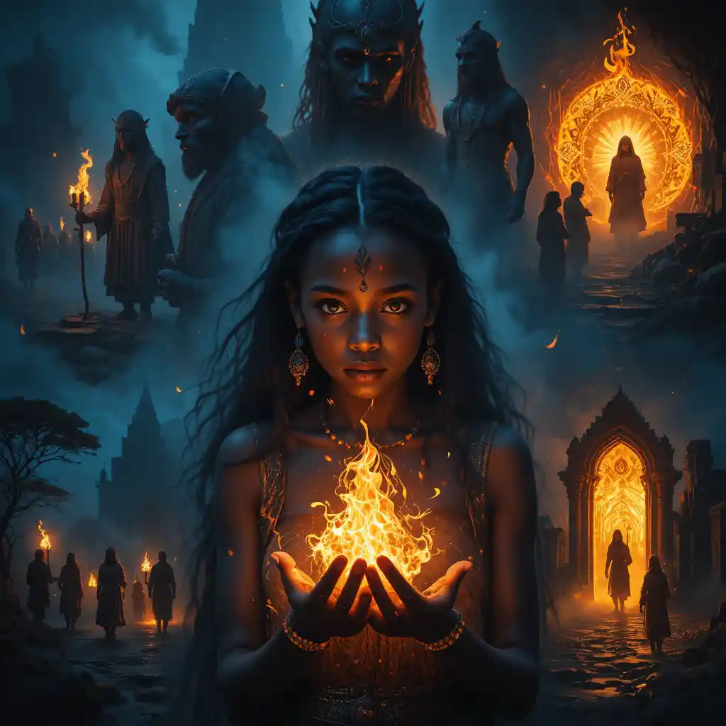 Young African girl holding mystical fire in darkness