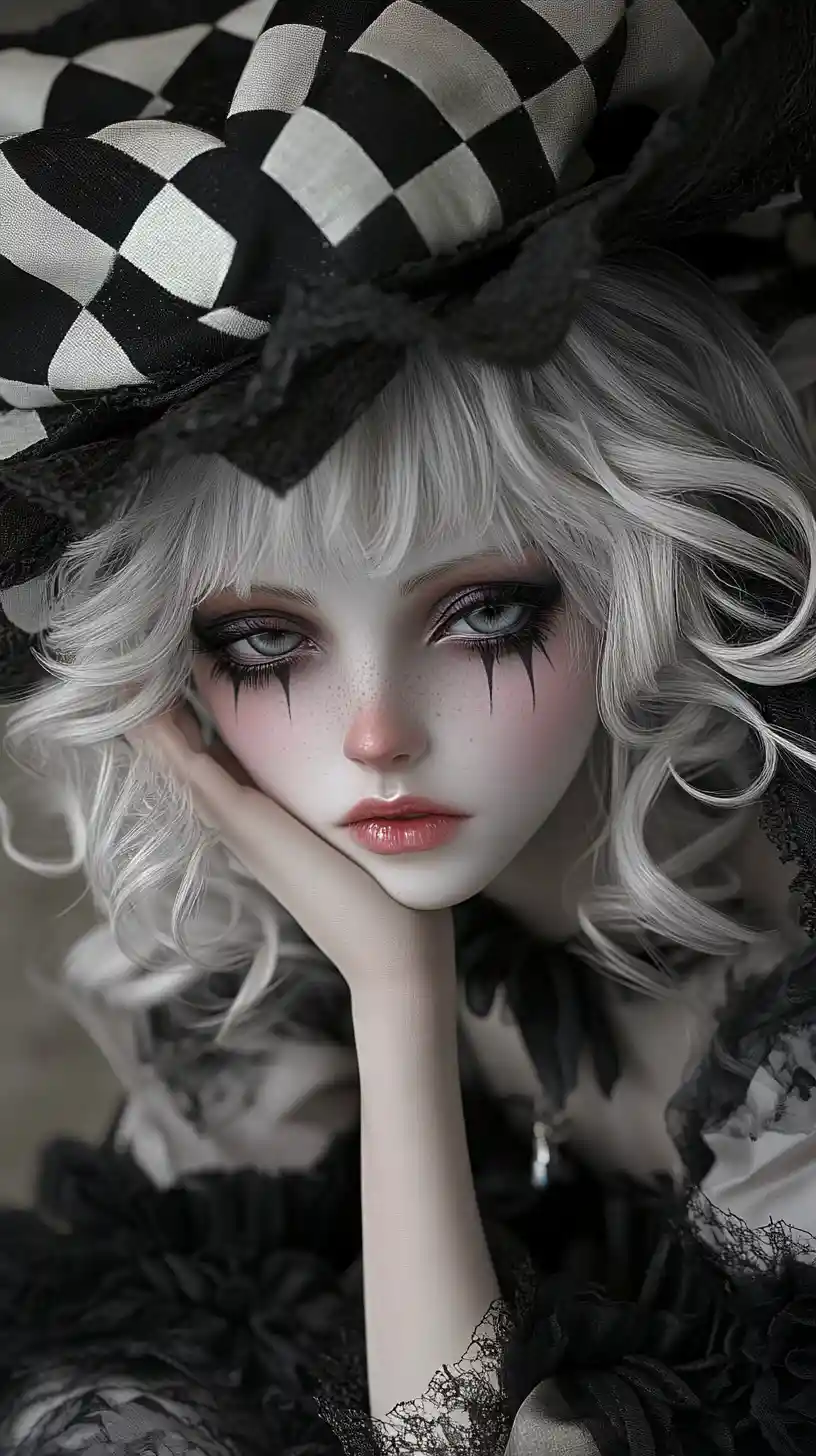 Melancholic gothic doll girl in harlequin outfit portrait