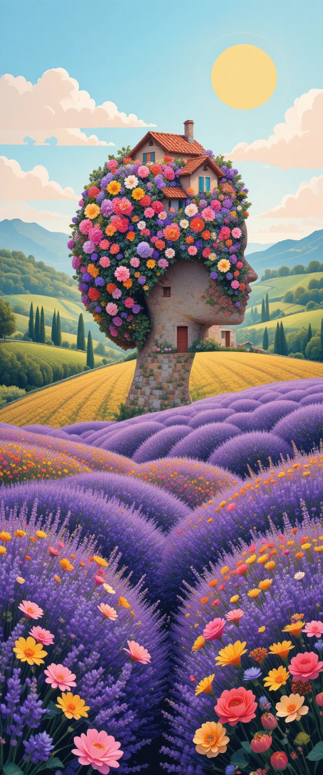 Wave of colorful flowers flowing from a womans head