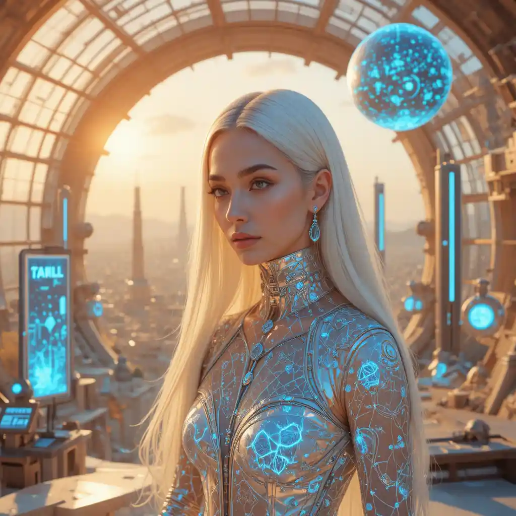 Futuristic fashion woman in solar arcology above desert city