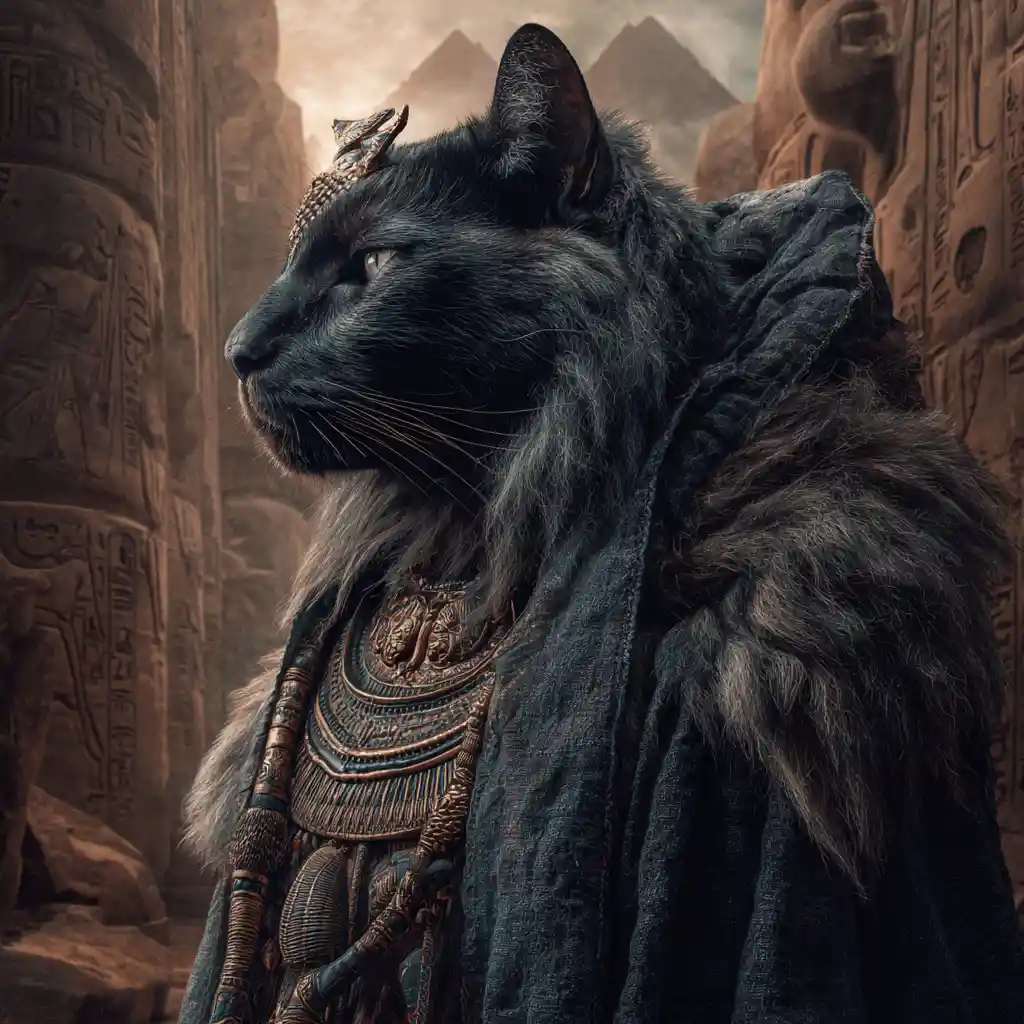 Regal black cat god walking through the Egyptian underworld