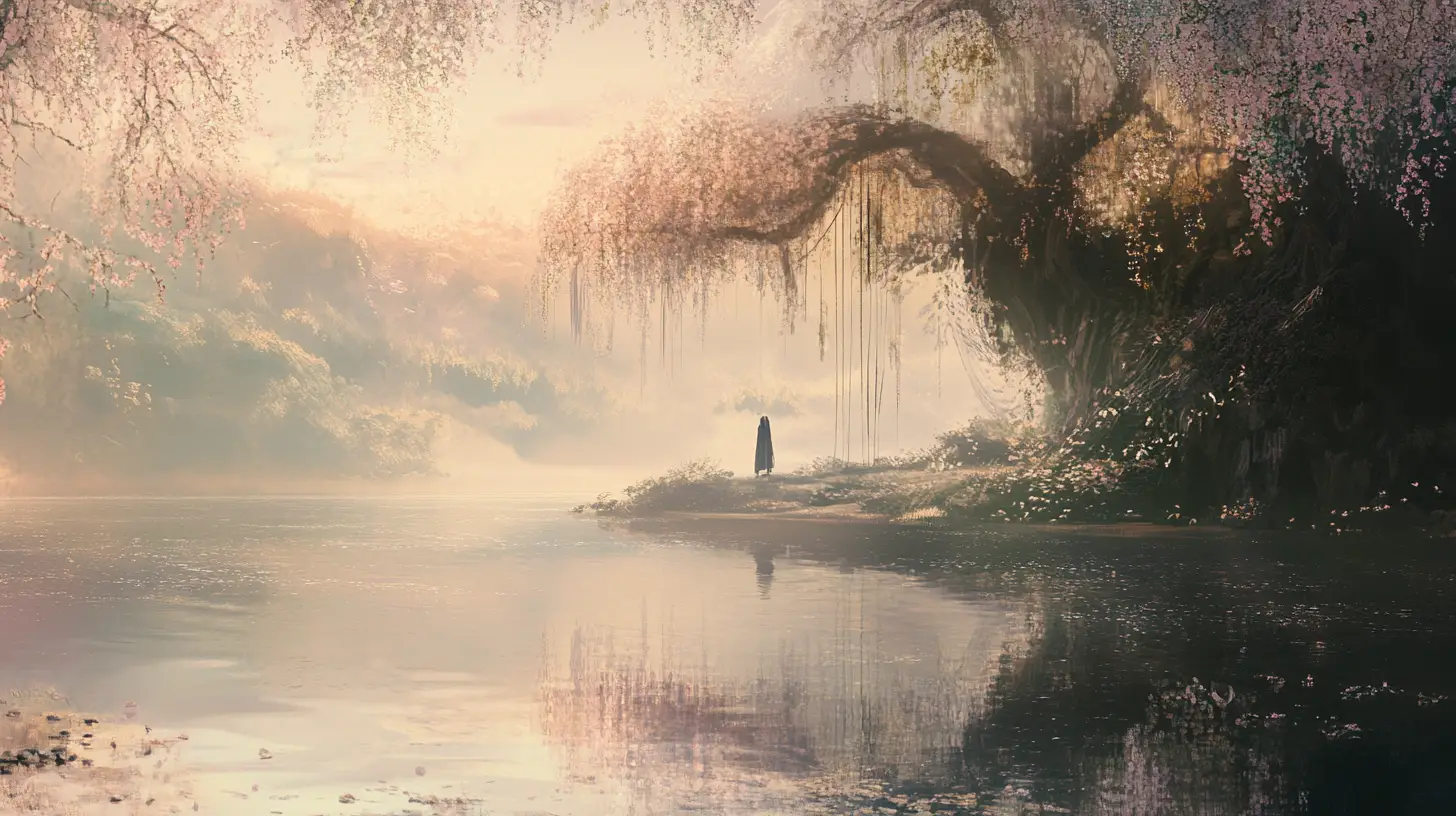 Figura contemplativa sotto baldacchino fluttuante surreale sopra il lago
