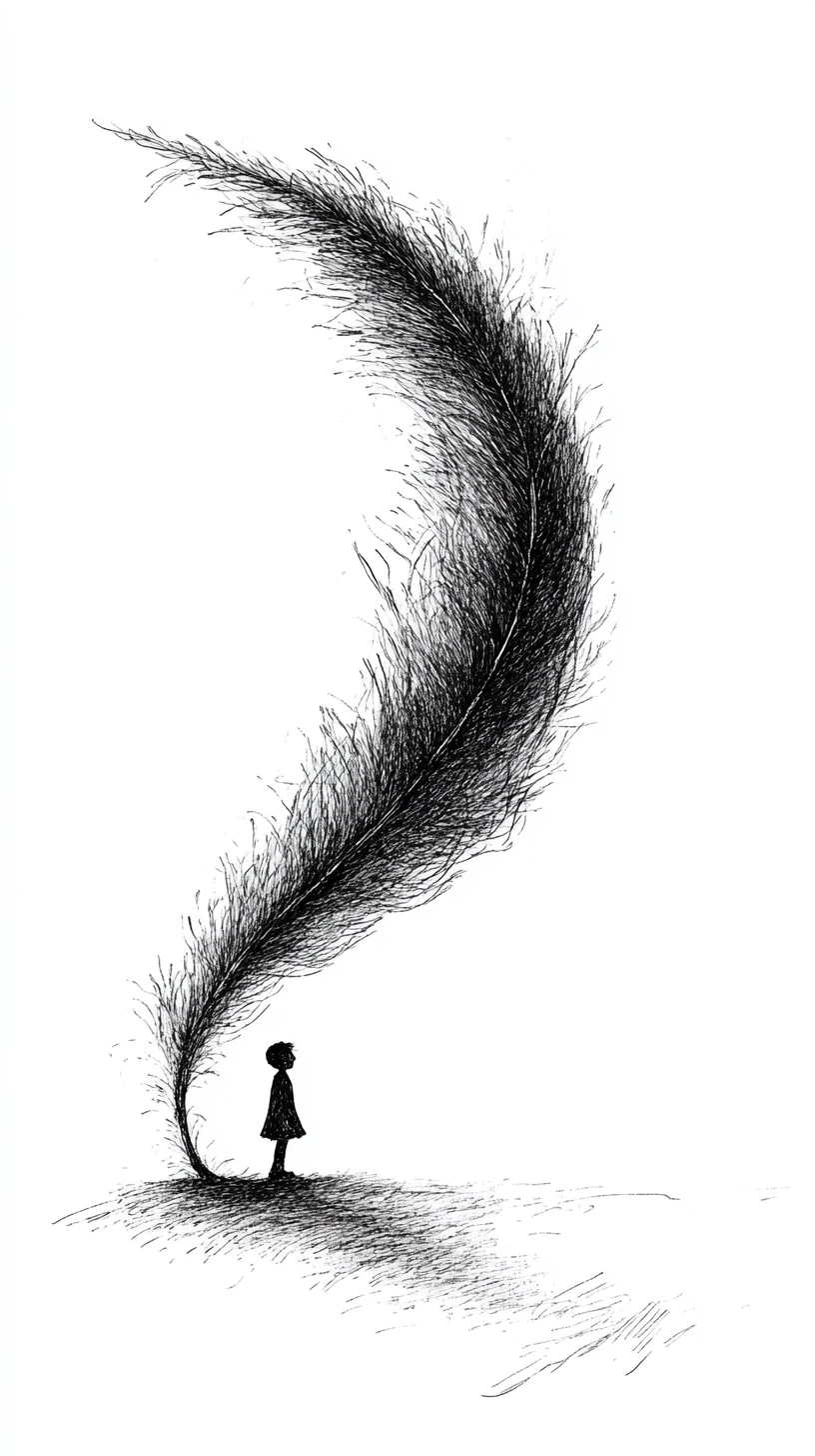 Tiny child walking along the spine of a giant feather