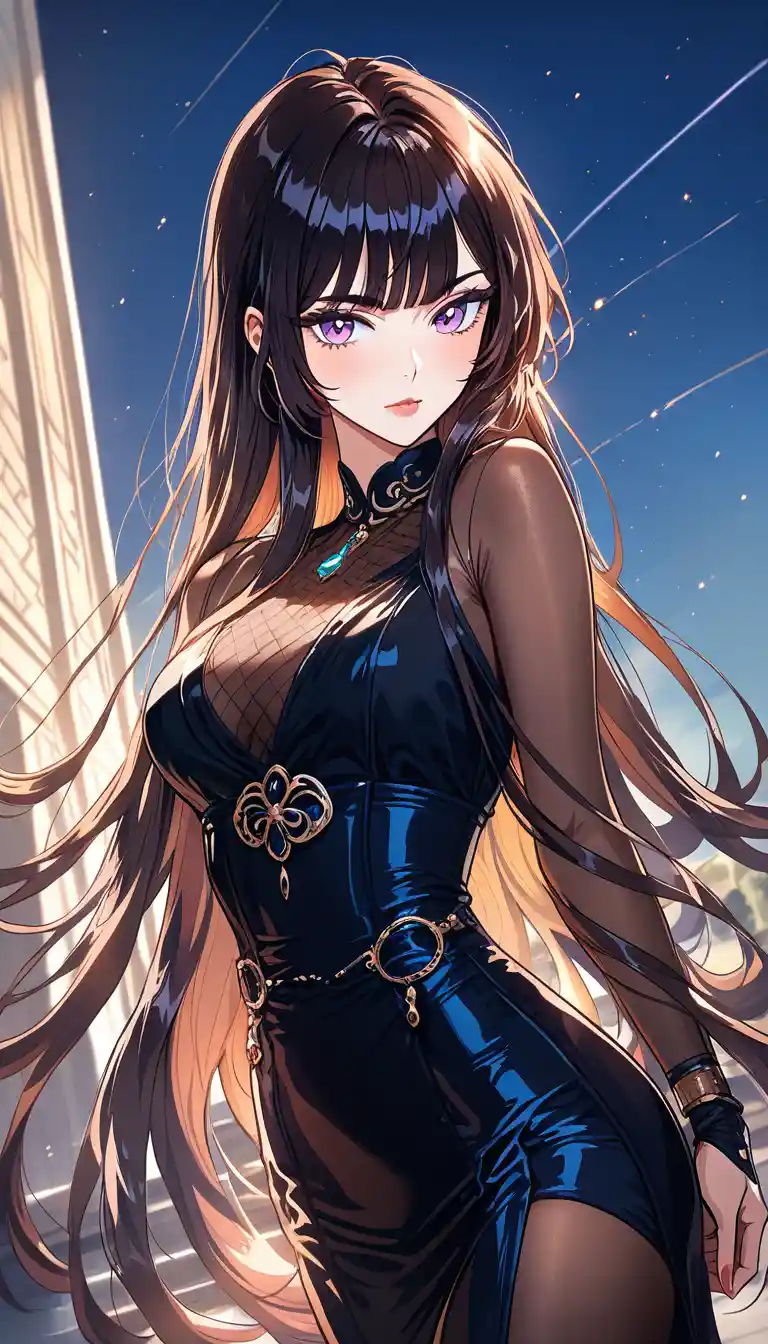 Elegant anime girl with flowing black hair at twilight